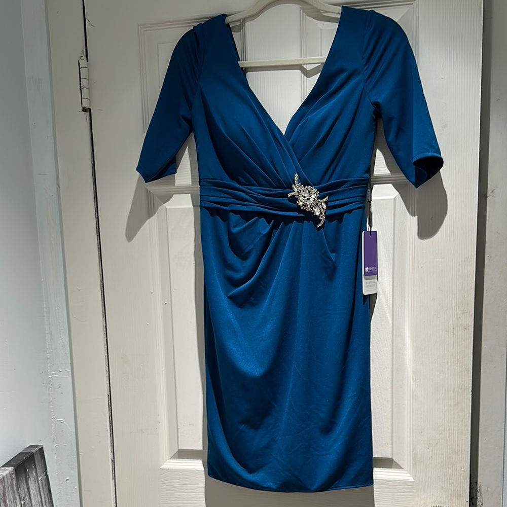 JJs House Blue Sheath Dress with Ruched Plunge Neckline
